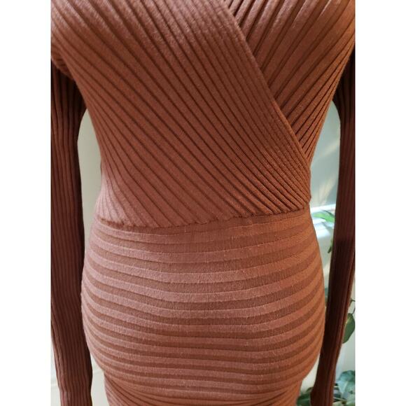 Forever 21 Fit & Flare Dress Women's Size OX Brown Rayon Ribbed Knit Long Sleeve - Picture 10 of 13